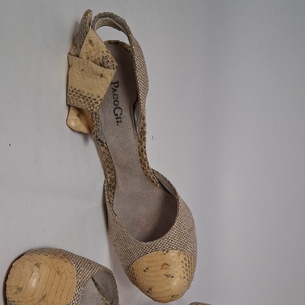 Paco Gil Beige Snake-Print Wedge Slingbacks